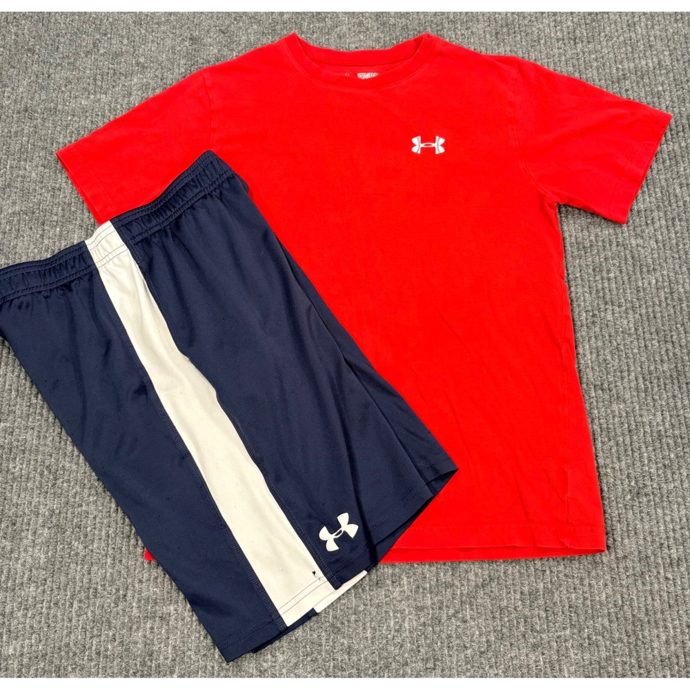 Under Armour Baseball Shirt and Shorts Set Boys Medium Red Navy Flawed